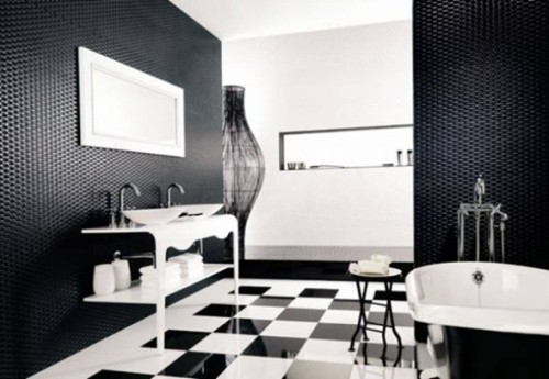 baño blanco y negro con paredes 3d