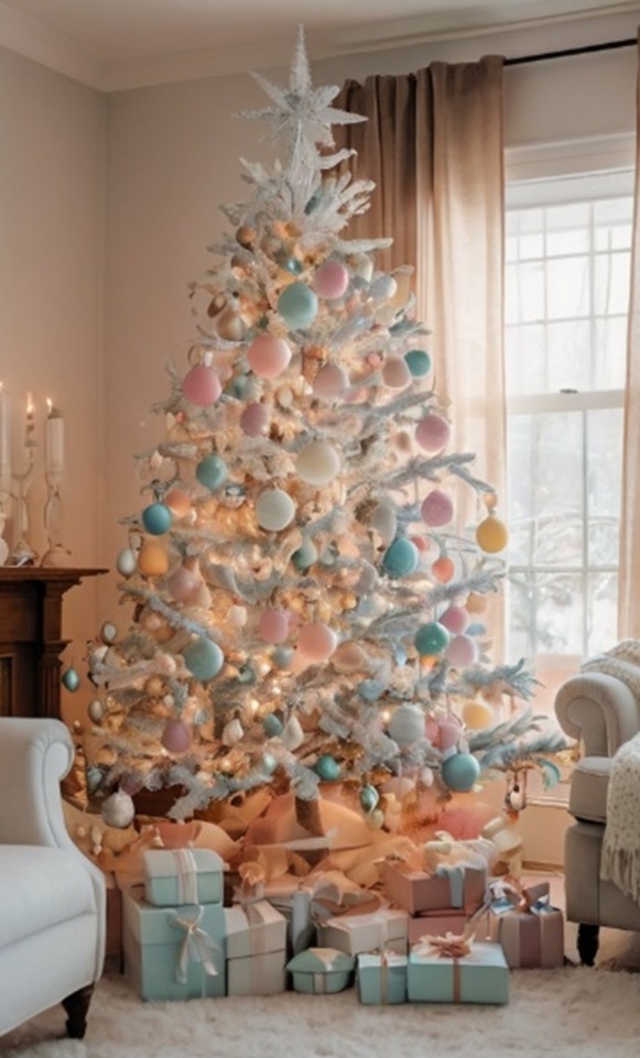 arbol de navidad blanco decorado en tonos pasteles