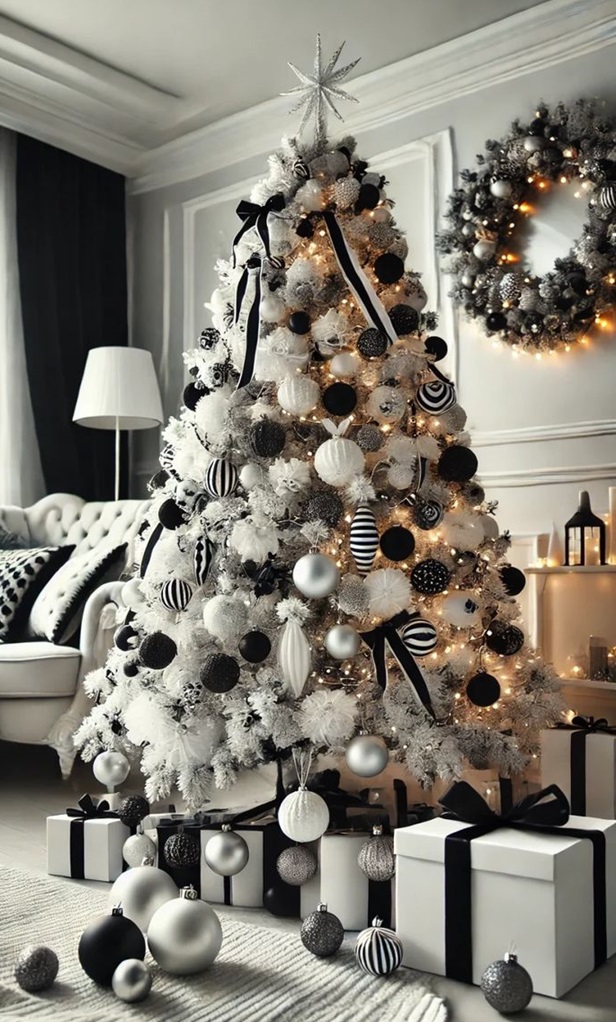 arbol de navidad blanco decorado con negro