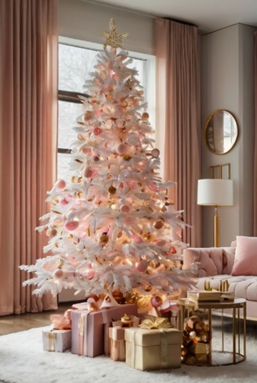 arbol de navidad blanco decorado con rosa